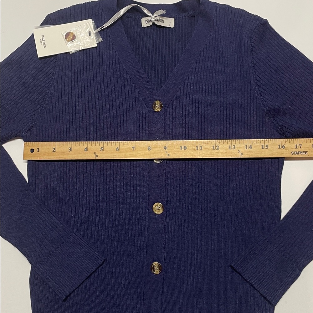 Grace Karin Ribbed Knit Cardigan Navy Blue Button Front Women Size Large - Picture 3 of 6